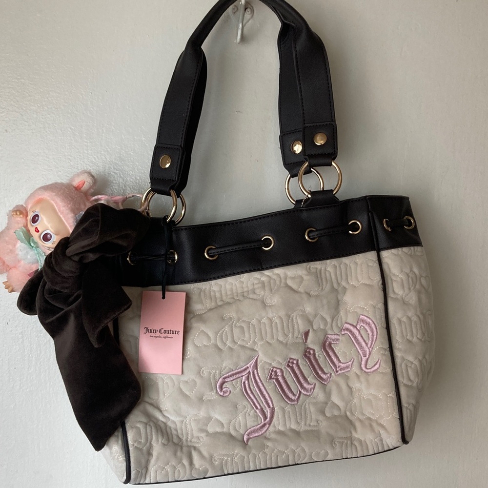 Juicy Couture Black and Cream Shoulder Bag with Pink Accents